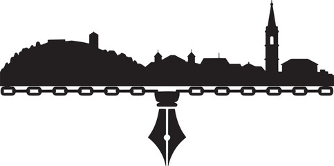 City skyline silhouette with chain and pen nib vector graphic art