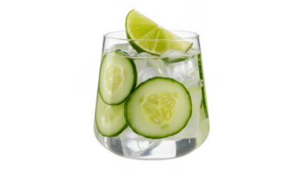 Cucumber slices and lime in a glass of water isolated on a transparent background