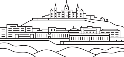 Fototapeta premium Detailed line art illustration of historic hilltop castle overlooking terraced city buildings