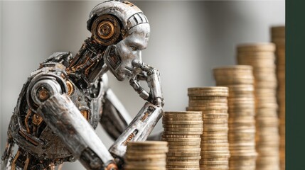 A unique robot standing beside stacks of coins symbolizing the intersection of technology and financial prosperity