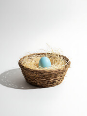 Minimalist Rustic Easter Basket with Single Blue Egg, Elegant Spring Holiday Decoration, Clean White Background