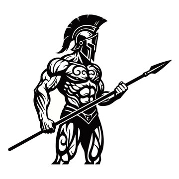 Muscular Spartan warrior in helmet holding a spear, black and white graphic illustration.