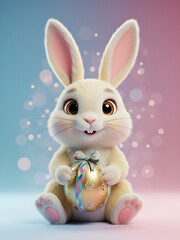 Whimsical 3D Rendered Easter Rabbit Holding Gift Egg, Modern Holiday Celebration Symbol, Vibrant Blue Pink Background