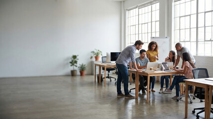 Collaborative workspace with laptops and plants, created AI