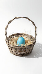 Minimalist Rustic Easter Basket with Single Blue Egg, Elegant Spring Holiday Decoration, Clean White Background