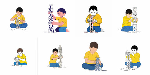 Fototapeta premium Children concentrating on building tall, precarious houses of cards, illustrating skill, stability, and the challenge of complexity.