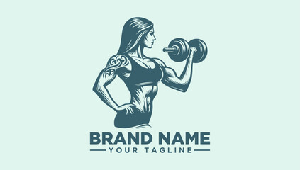 A fitness logo illustration featuring a woman lifting dumbbells with a vector graphic style against a clean background.