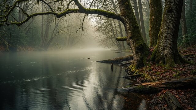 SPOT - Fog Morning sun rays piercing through misty trees over a peaceful swamp forest. - Powered by Adobe
