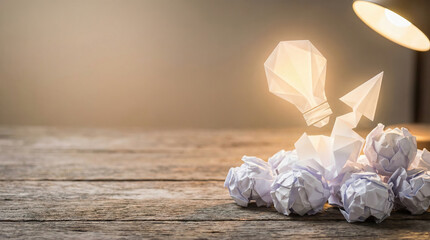 Light bulb shows creativity above crumpled paper balls, created AI