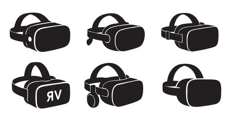 Set of Black silhouettes of virtual reality headsets in various designs, isolated on white background, graphic illustration. concept of vr technology, gaming, innovation, digital experience