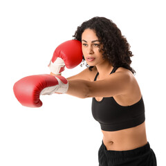 Female African-American boxer fighting on white background