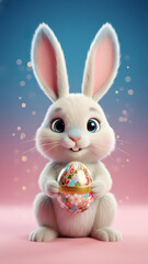 Whimsical 3D Rendered Easter Rabbit Holding Gift Egg, Modern Holiday Celebration Symbol, Vibrant Blue Pink Background