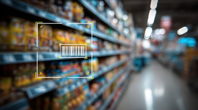 Grocery aisle featuring a bar chart display with augmented reality overlay to enhance shopping experience - Powered by Adobe