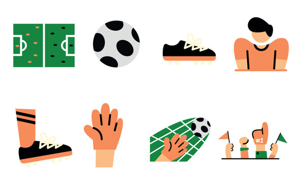 Set of soccer football icon design, vector illustration of game equipment, flat design illustration good for website, mobile application and graphic design asset.