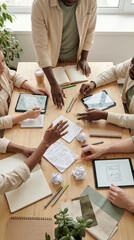 People gather around a table to share ideas, created AI