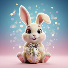 Whimsical 3D Rendered Easter Rabbit Holding Gift Egg, Modern Holiday Celebration Symbol, Vibrant Blue Pink Background