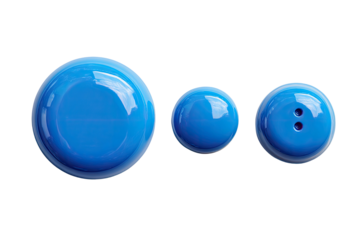 Three round, glossy blue buttons, smallest has two holes
