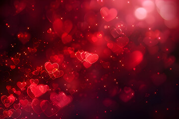 Valentine Day red and black background glowing with heart-shaped bokeh lights