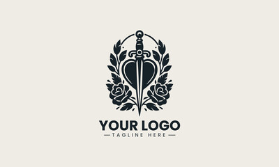 Black vector logo illustration of a heart pierced by a dagger surrounded by roses and leaves in a traditional tattoo style