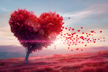 red heart-shaped tree with countless small red hearts