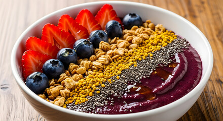 Delicious acai bowl with fresh fruit and granola on wooden table