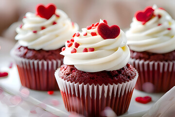 Red velvet cupcakes topped with cream and red hearts