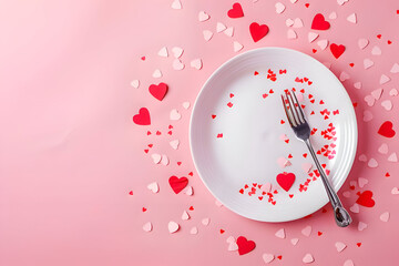 flat lay white plate with heart-shaped confetti Valentine Day concept
