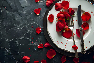 white plate with rose petals black stone background for Valentine Day