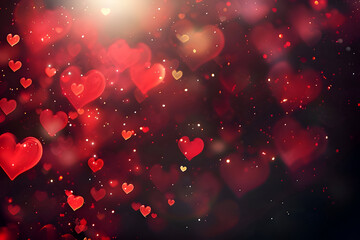 Valentine Day red and black background glowing with heart-shaped bokeh lights