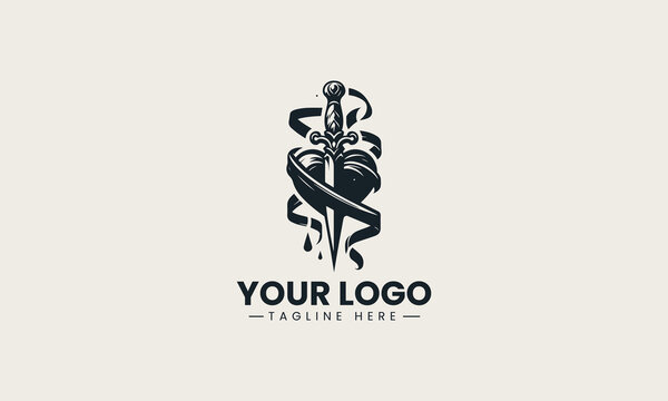 Edgy black silhouette vector logo of a dagger through a heart with decorative ribbons and falling teardrops