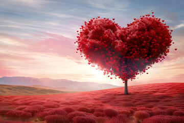 red heart-shaped tree with countless small red hearts