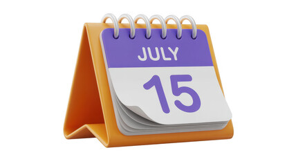 Desk calendar on July 15 from another angle date office supplies isolated on a transparent background