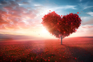 red heart-shaped tree with countless small red hearts