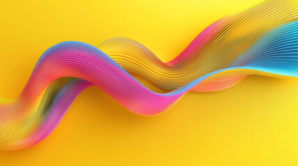 Colorful Wavy Ribbon on Yellow Background. Abstract wavy ribbon for digital design, arts, marketing, and promotional projects emphasizing vibrant colors and fluid shapes.