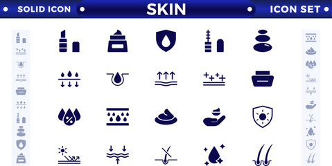Skin care solid icons set. Moisture cream, acid, anti-wrinkle serum, ceramide, collagen, retinol compound, sunscreen vector illustration. 