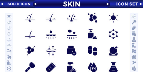Skin care solid icons set. Moisture cream, acid, anti-wrinkle serum, ceramide, collagen, retinol compound, sunscreen vector illustration. 
