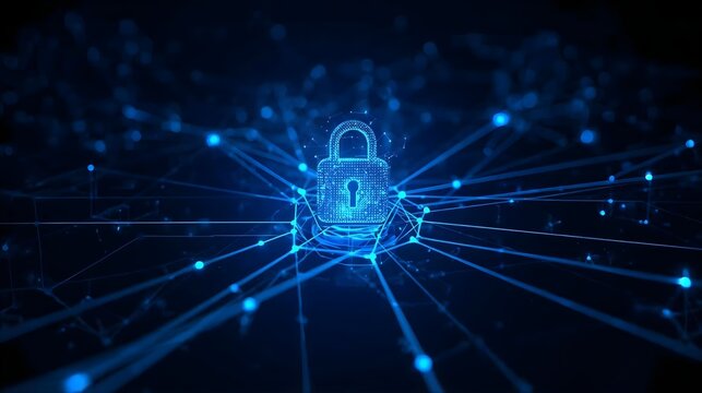 Konsep keamanan siber, ikon gembok digital dengan jaringan data