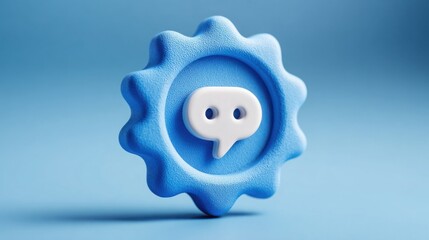 Blue gear wheel with white eye symbolizing insight and evaluation in chat review processes for digital communication