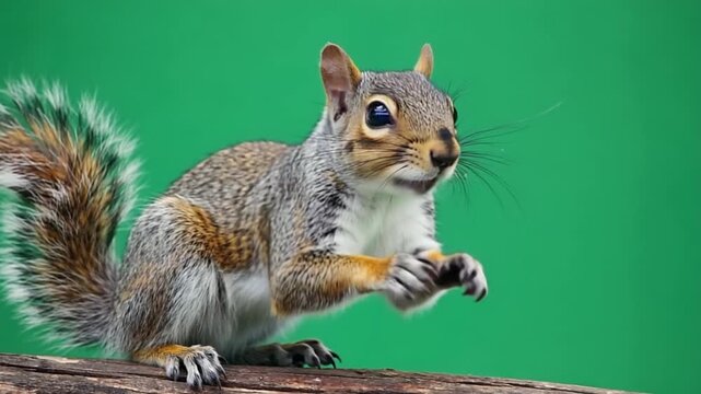 Curious squirrel standing on wooden log against green background
