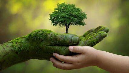 Hands holding a small tree symbolizing nature love and environmental conservation with ecology