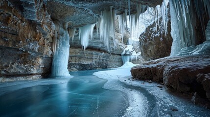 A hidden cave filled with frozen stalactites and stalagmites where brave souls venture to take ice baths in the name of spiritual healing.