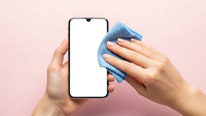 Careful hands cleaning a modern smartphone screen with a soft blue cloth for optimal hygiene, showcasing tech maintenance on a light pink background