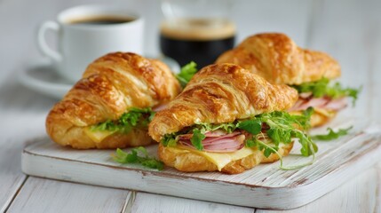 Flaky, golden croissants filled with ham, cheese, and greens sit on a rustic board with a coffee cup and dark coffee in the background