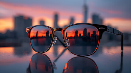Cityscape sunset reflections in eyeglasses lenses capture the vibrant hues of twilight as urban landscapes are mirrored in the glasses, showcasing a blend of nature and city life.