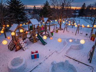 Christmas playground decorations in winter snow with glowing lan
