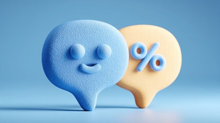 Two colorful speech bubbles in blue and yellow featuring a prominent percentage sign for discount promotions