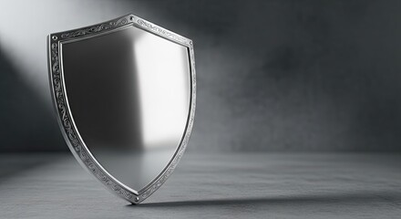 A silver shield with ornate designs on a dark background.