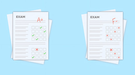 Exam Result Papers with Grades, Checkmarks and Crosses Flat Illustration