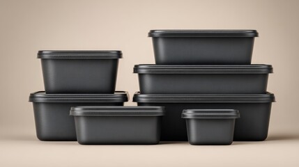 A group of black, rectangular containers of various sizes are stacked together, with a slightly blurred background