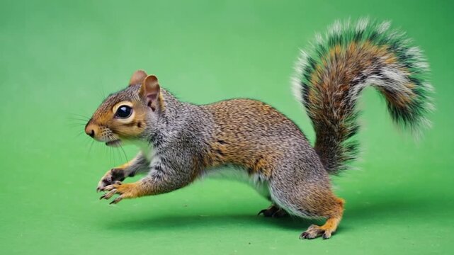 Alert squirrel standing on green background looking around cautiously